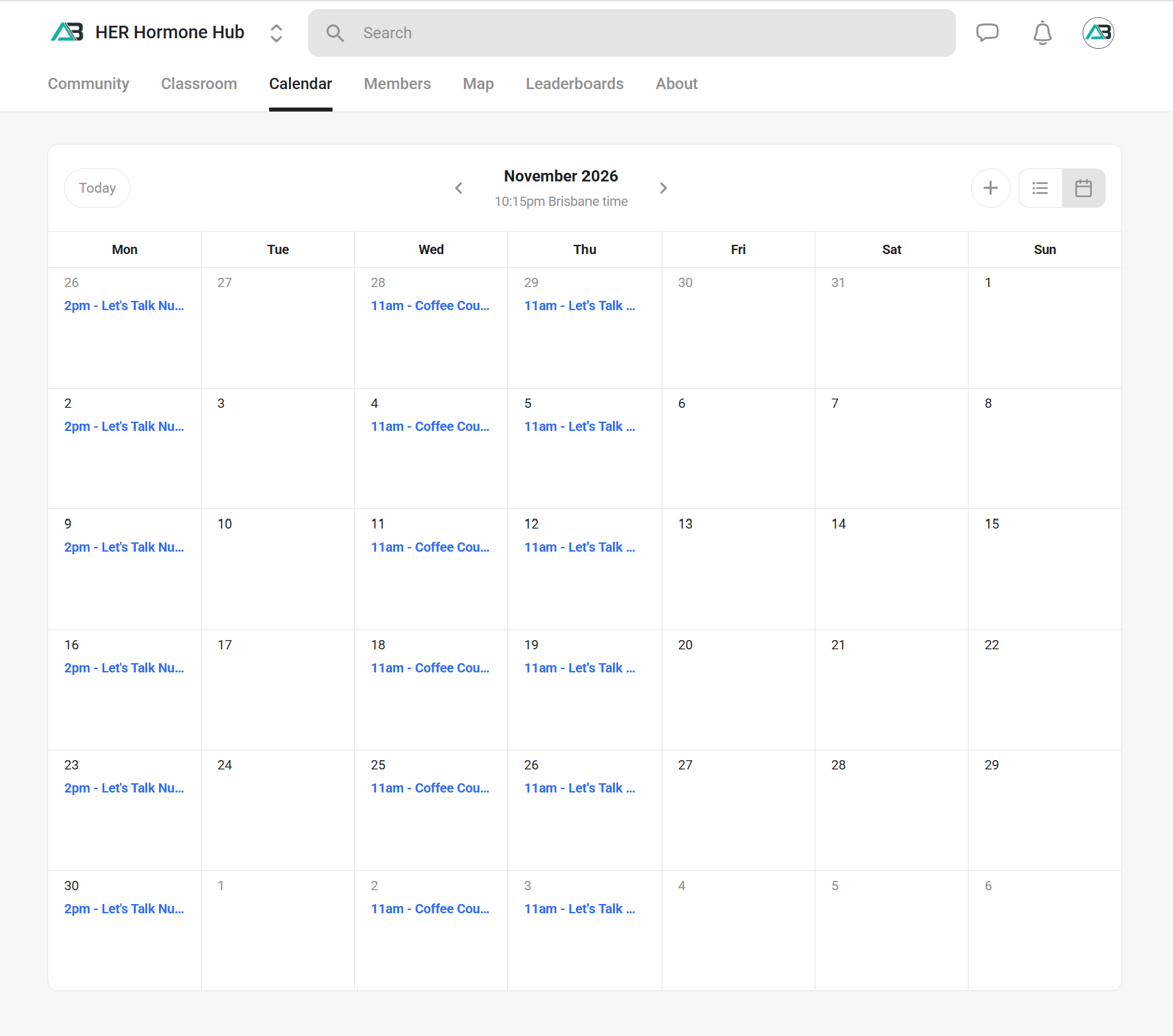 Actual HHH November 2026 calendar with nutrition, movement and Coffee Couch events.