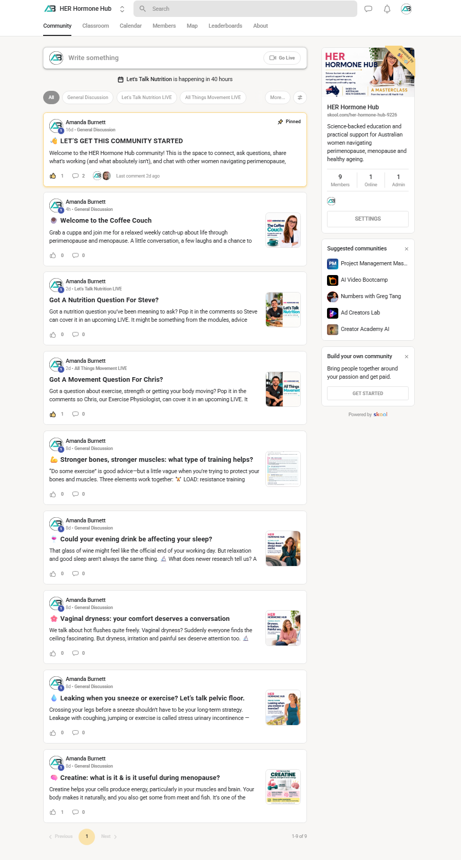 HHH Community Feed showing Amanda Burnett's welcome, Coffee Couch, live-session prompts and education posts.