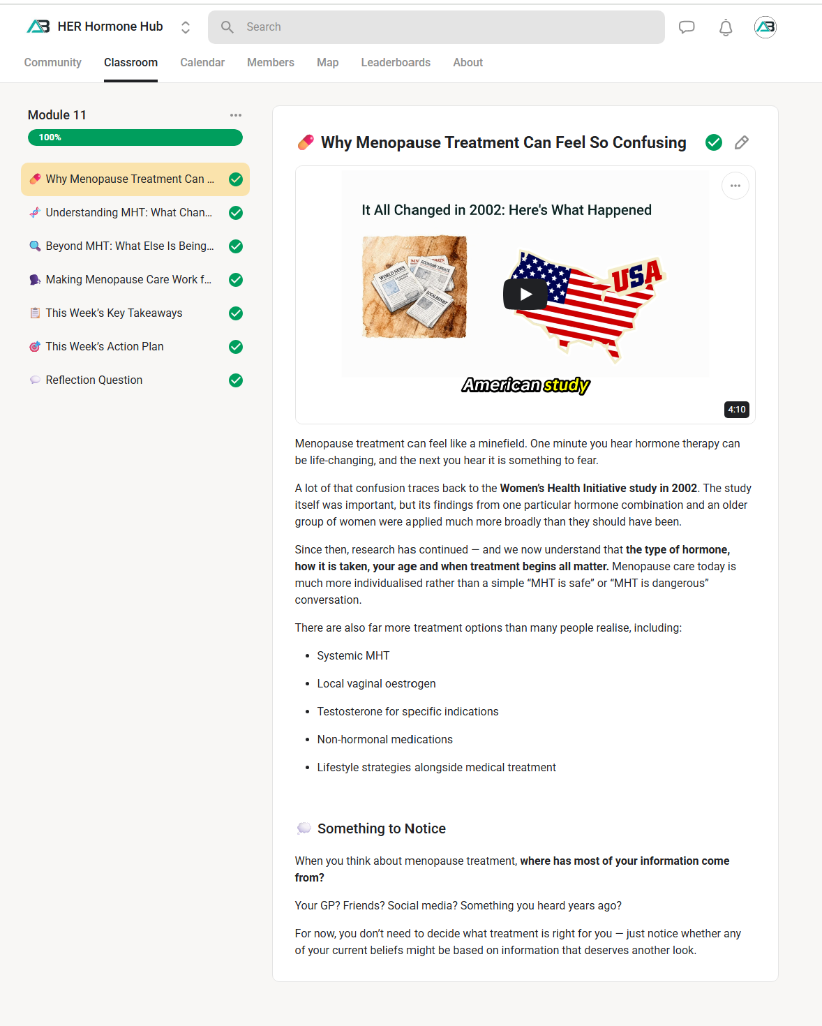 HHH Module 11 lesson Why Menopause Treatment Can Feel So Confusing, showing a video, written explanation and reflection prompt; takeaways and action-plan links appear in the sidebar.