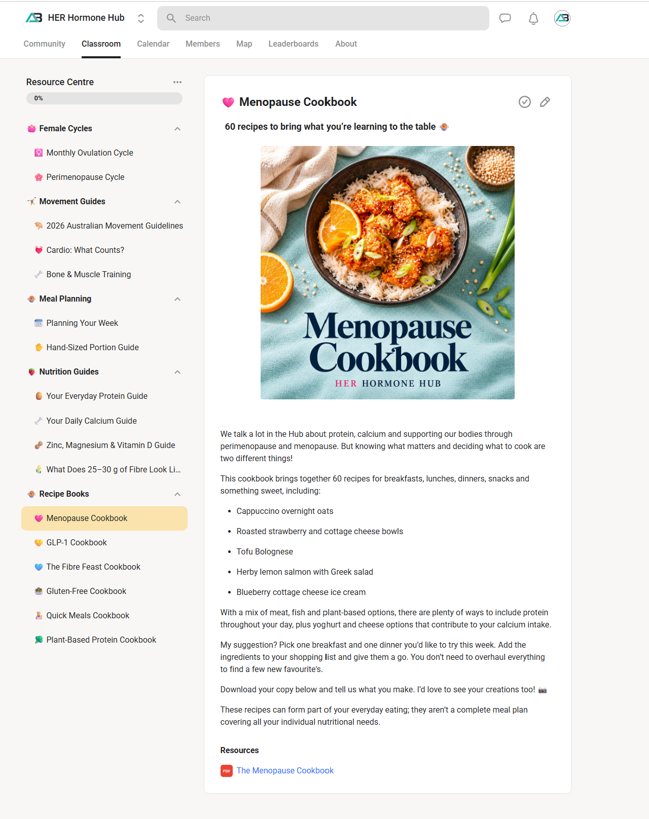 Actual HHH Resource Centre showing the Menopause Cookbook page, resource categories and cookbook PDF link.
